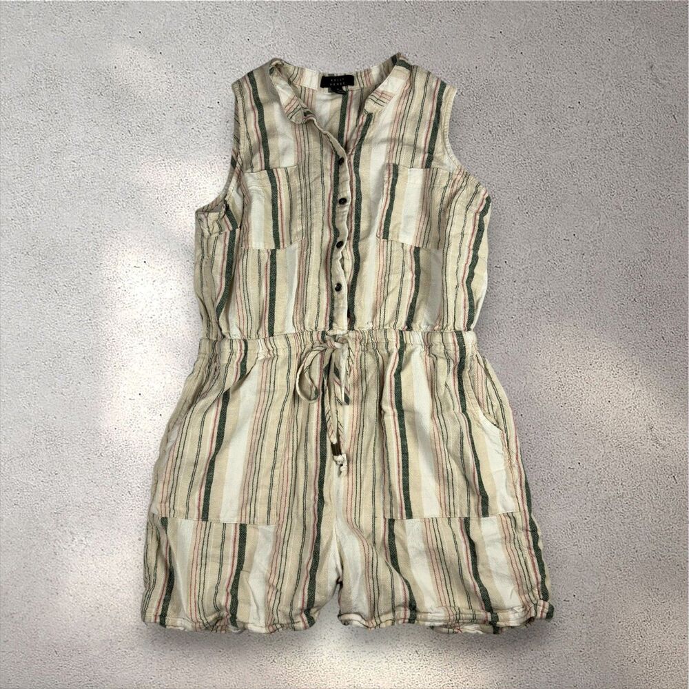 Kelly Renee Linen Blend Romper Women's M Beige Olive Striped Beachy Summer Boho